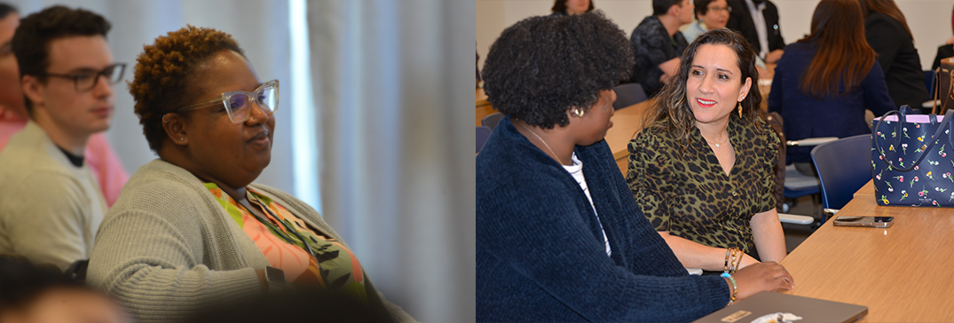 A compilation of two images; one shows a black woman sitting in a classroom with other adults behind her and the second shows two women conversing in a classroom.